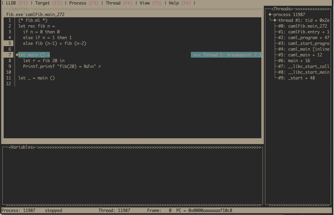 Terminal image of lldb running fib.ml showing gui